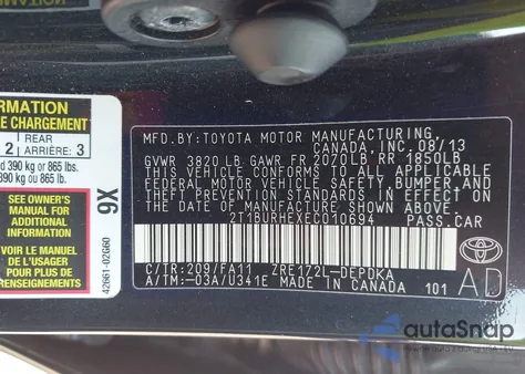 2014 Toyota Corolla L из США, поврежденный, VIN 2T1BURHEXEC010694